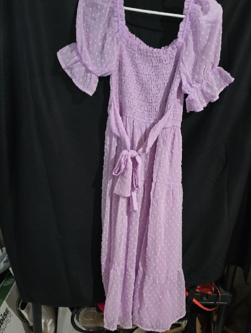 Smocked Lavender Midi Dress with Puff Sleeves - Picture 4 of 4